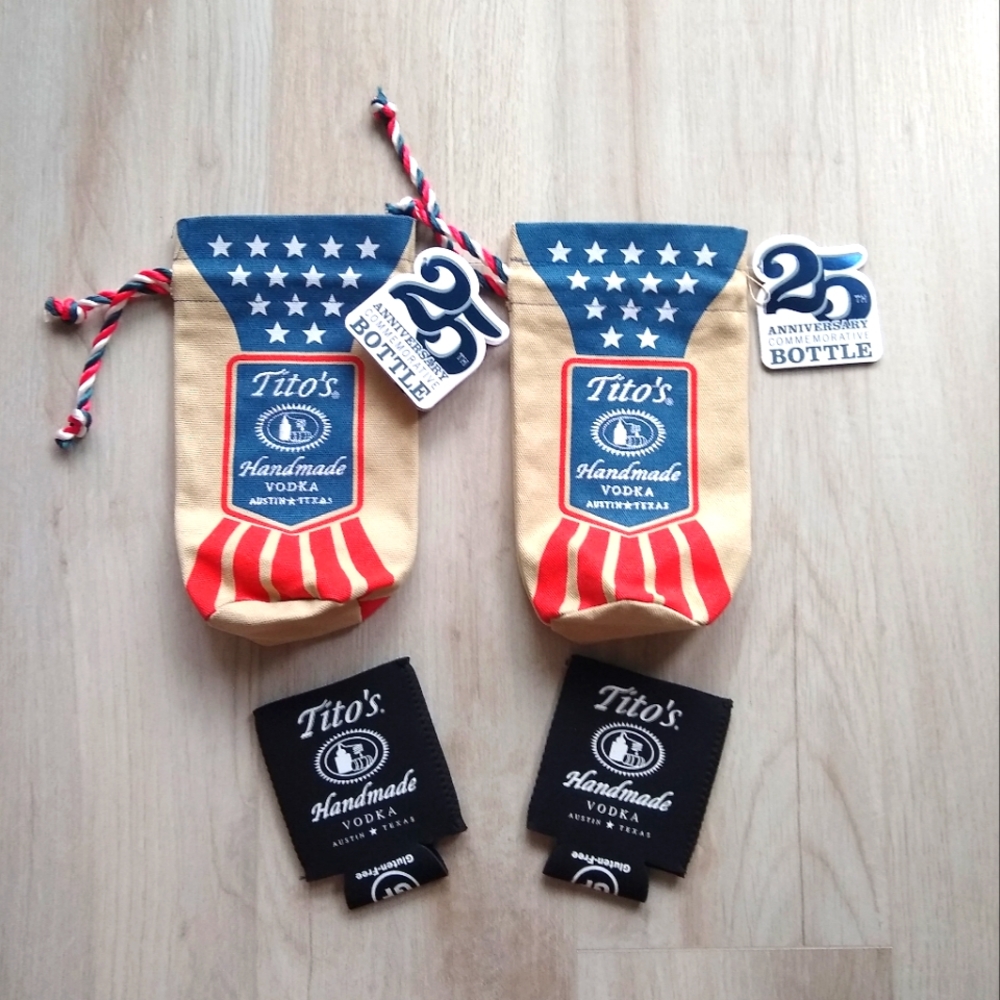 NEW Tito's Vodka 25th Anniversary Canvas Gift Bags (2) and Beverage Koozies (2)
